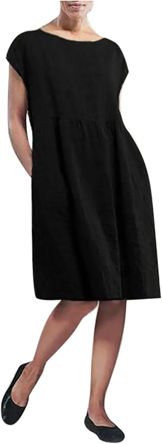 Women Plus Size Cotton Linen Dress Summer Short Sleeve Round Neck Casual Dress Beach Midi Sundress with Pockets