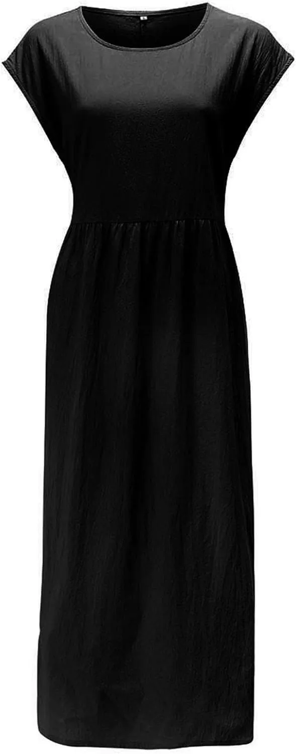 Women Plus Size Cotton Linen Dress Summer Short Sleeve Round Neck Casual Dress Beach Midi Sundress with Pockets