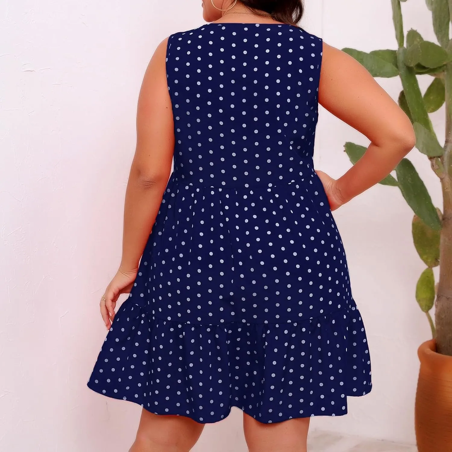 Women Plus Size Summer Casual Dresses Sleeveless Round Neck Swiss Dot Flowy High Waisted A Line Ruffle Midi Dress