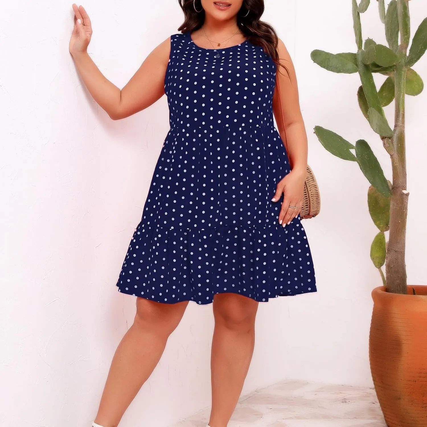 Women Plus Size Summer Casual Dresses Sleeveless Round Neck Swiss Dot Flowy High Waisted A Line Ruffle Midi Dress