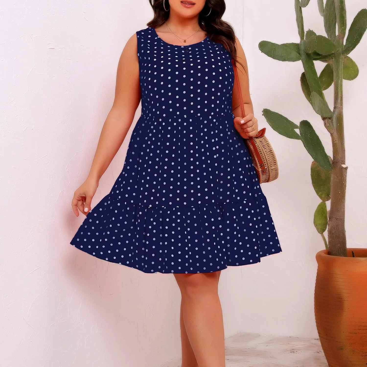 Women Plus Size Summer Casual Dresses Sleeveless Round Neck Swiss Dot Flowy High Waisted A Line Ruffle Midi Dress