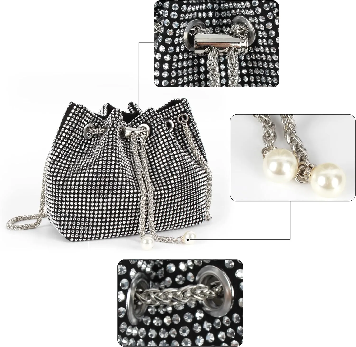 Women Rhinestones Crystal Clutch Drawstring Bucket Bag Mini Evening Bags Crossbody Purses Pearl Party Prom Wedding