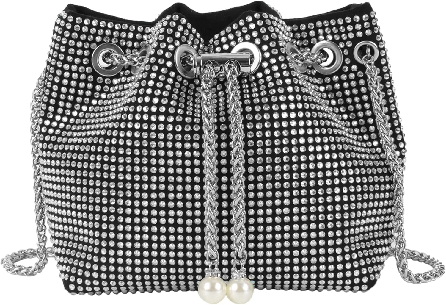 Women Rhinestones Crystal Clutch Drawstring Bucket Bag Mini Evening Bags Crossbody Purses Pearl Party Prom Wedding