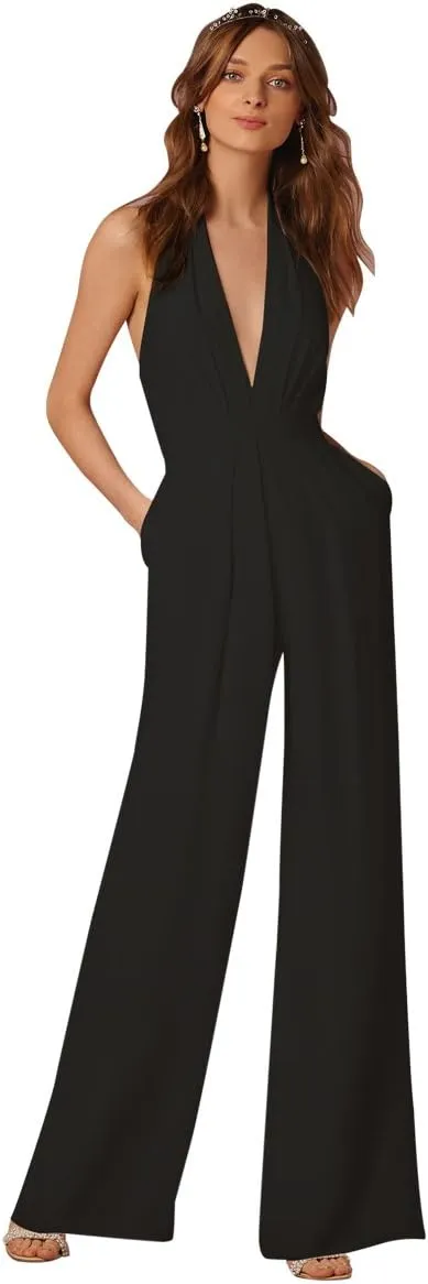 Women Sexy Deep V Neck Halter Wide Leg Jumpsuit Sleeveless High Waist Loose Long Romper Pants Overalls with Pockets