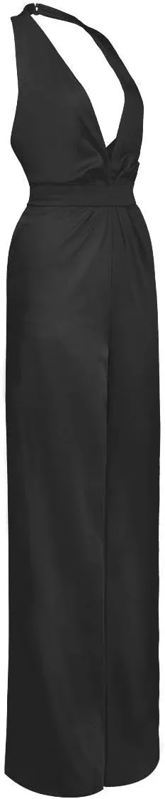 Women Sexy Deep V Neck Halter Wide Leg Jumpsuit Sleeveless High Waist Loose Long Romper Pants Overalls with Pockets