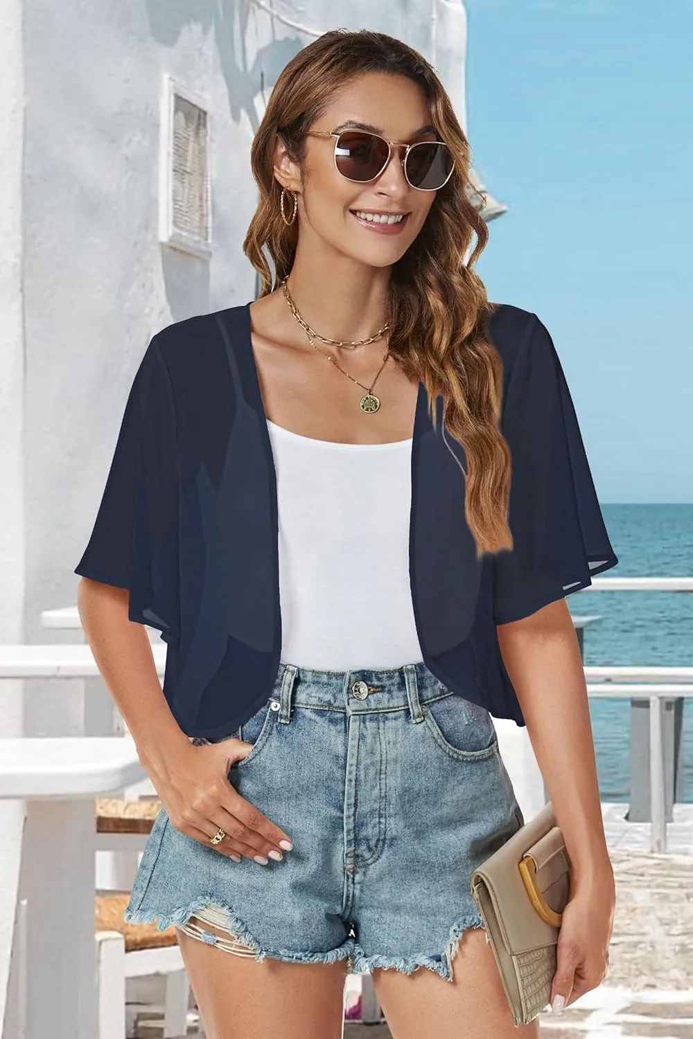 Women Shrug Chiffon Cardigans Open Front Short Sleeve Bolero for Evening Dressy