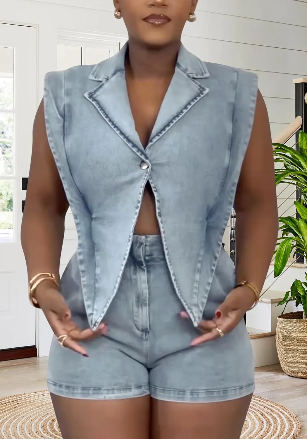 Women Summer Sleeveless Denim Romper Casual V Neck Bodycon Short Jumpsuits Cut Out One Piece Outfits