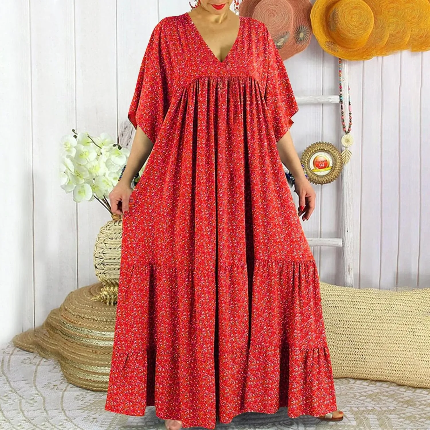 Women V-Neck Beach Long Dress, 2024 Boho Plus Size Summer Floral Maxi Dress Short Sleeve Tiered Swing Flowy Ruffle Dress