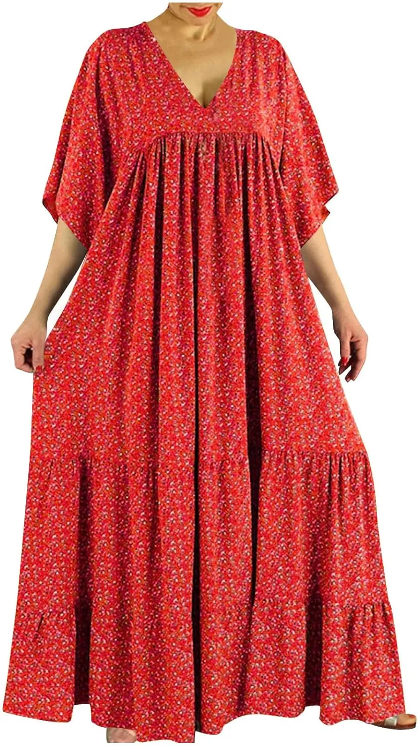 Women V-Neck Beach Long Dress, 2024 Boho Plus Size Summer Floral Maxi Dress Short Sleeve Tiered Swing Flowy Ruffle Dress