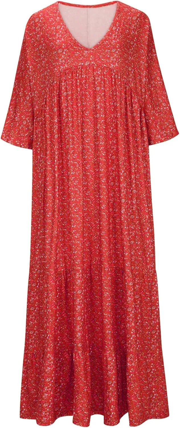 Women V-Neck Beach Long Dress, 2024 Boho Plus Size Summer Floral Maxi Dress Short Sleeve Tiered Swing Flowy Ruffle Dress