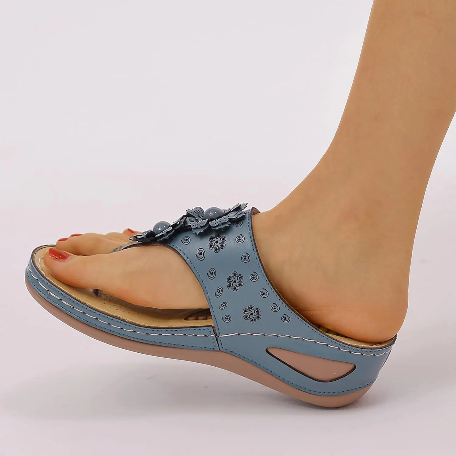 Women Wedge Sandals Flowers Orthopedic Clip Toe Sandals Summer Comfortable Flip Flops with Arch Suppor Casual Shoes