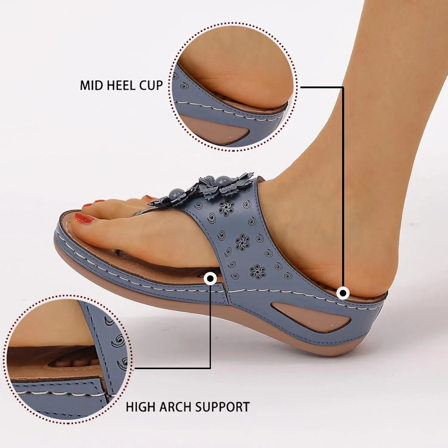 Women Wedge Sandals Flowers Orthopedic Clip Toe Sandals Summer Comfortable Flip Flops with Arch Suppor Casual Shoes