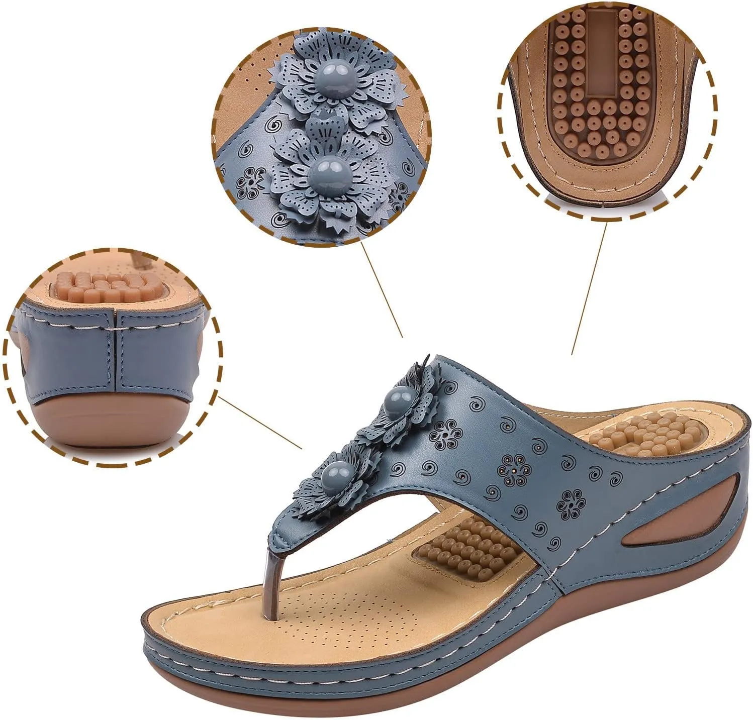 Women Wedge Sandals Flowers Orthopedic Clip Toe Sandals Summer Comfortable Flip Flops with Arch Suppor Casual Shoes