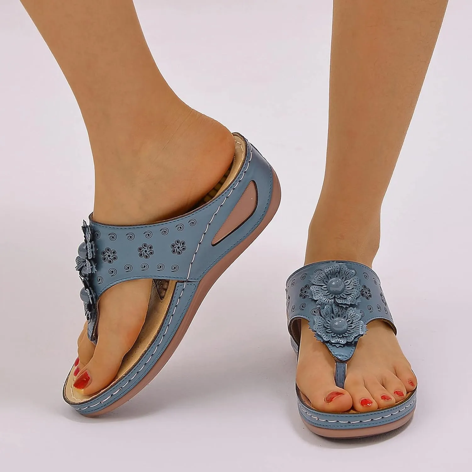 Women Wedge Sandals Flowers Orthopedic Clip Toe Sandals Summer Comfortable Flip Flops with Arch Suppor Casual Shoes