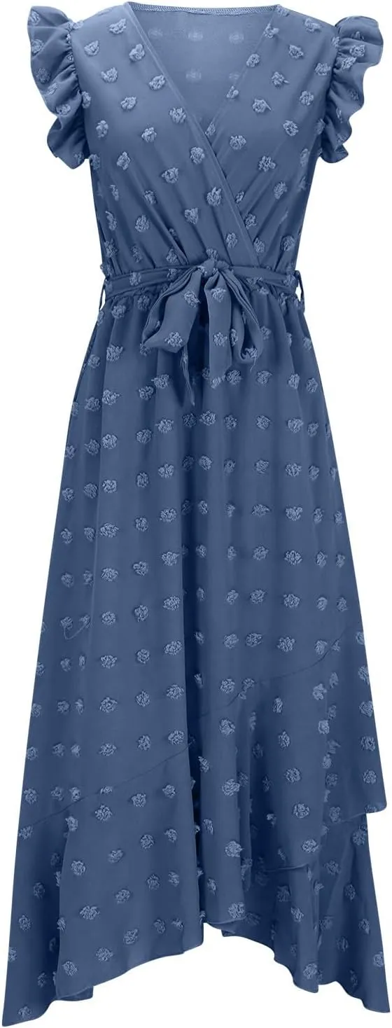 Womens 2024 Summer Wrap V Neck Dress Ruffle Sleeve Swiss Dot Boho Ruffle Slit Beach Party Flowy Belted Long Maxi Dresses