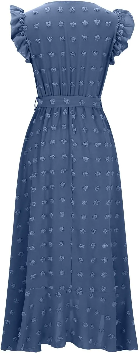 Womens 2024 Summer Wrap V Neck Dress Ruffle Sleeve Swiss Dot Boho Ruffle Slit Beach Party Flowy Belted Long Maxi Dresses