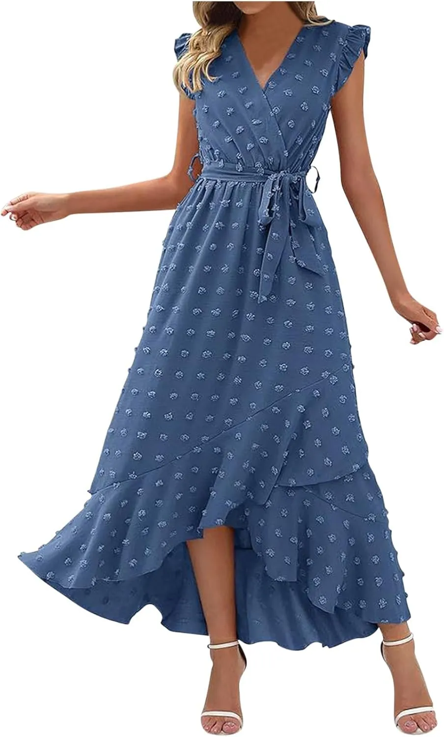 Womens 2024 Summer Wrap V Neck Dress Ruffle Sleeve Swiss Dot Boho Ruffle Slit Beach Party Flowy Belted Long Maxi Dresses