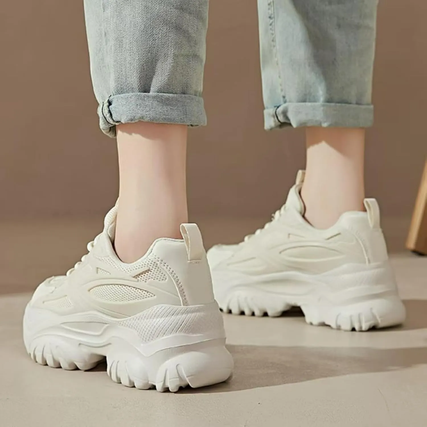 Womens Breathable Mesh Platform Chunky Sneakers Fashion Lace Up Non-Slip Shoes Casual Dad Walking Driving Travel Shoes