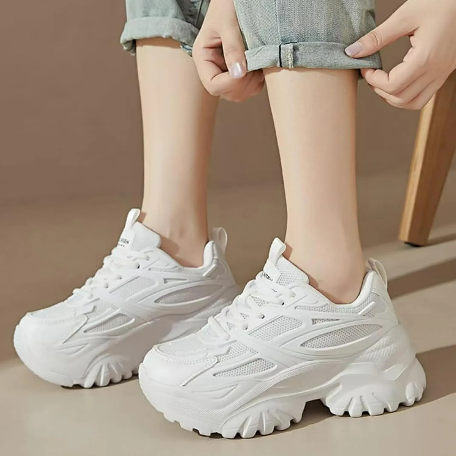 Womens Breathable Mesh Platform Chunky Sneakers Fashion Lace Up Non-Slip Shoes Casual Dad Walking Driving Travel Shoes