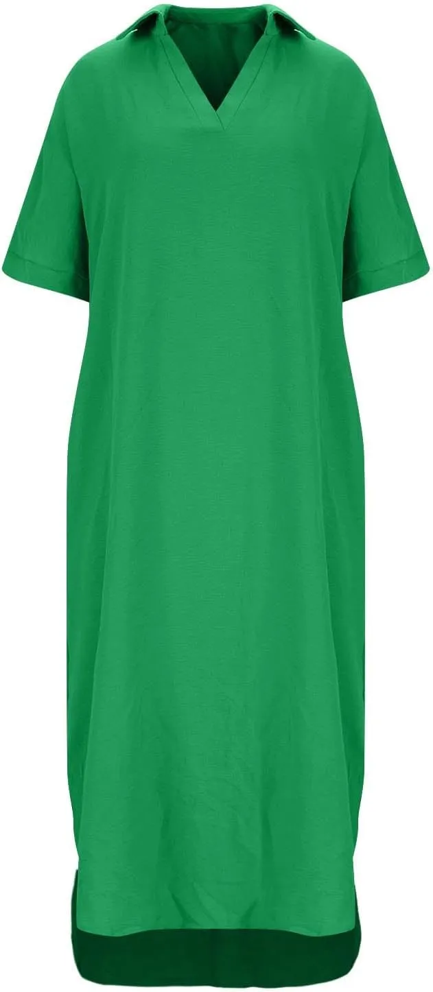 Women's Cotton Linen Maxi Dress Short Sleeve V Neck Causal Loose Dresses Summer Plus Size Solid Color Sundresses 2025