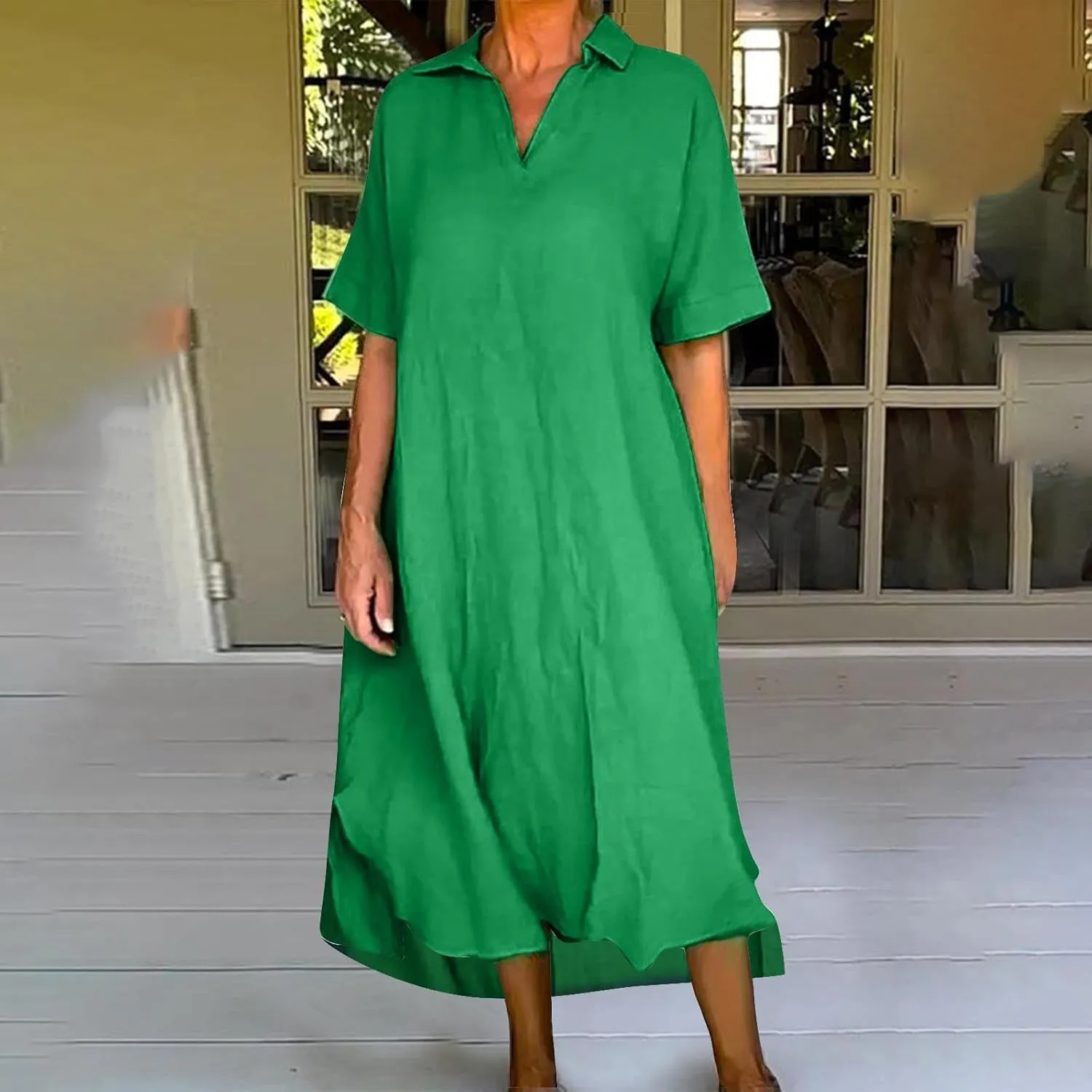 Women's Cotton Linen Maxi Dress Short Sleeve V Neck Causal Loose Dresses Summer Plus Size Solid Color Sundresses 2025