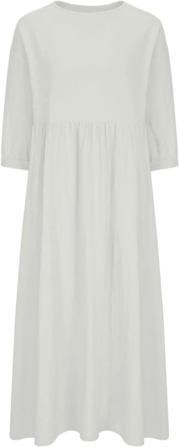 Womens Cotton Linen Midi Dress Casual Loose Petite Solid A-line Dresses Flowy Summer Beach Vacation Sundress Pockets