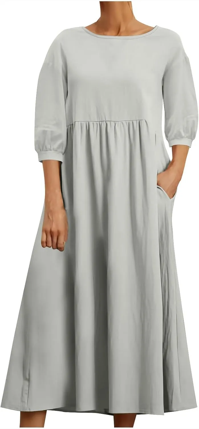 Womens Cotton Linen Midi Dress Casual Loose Petite Solid A-line Dresses Flowy Summer Beach Vacation Sundress Pockets