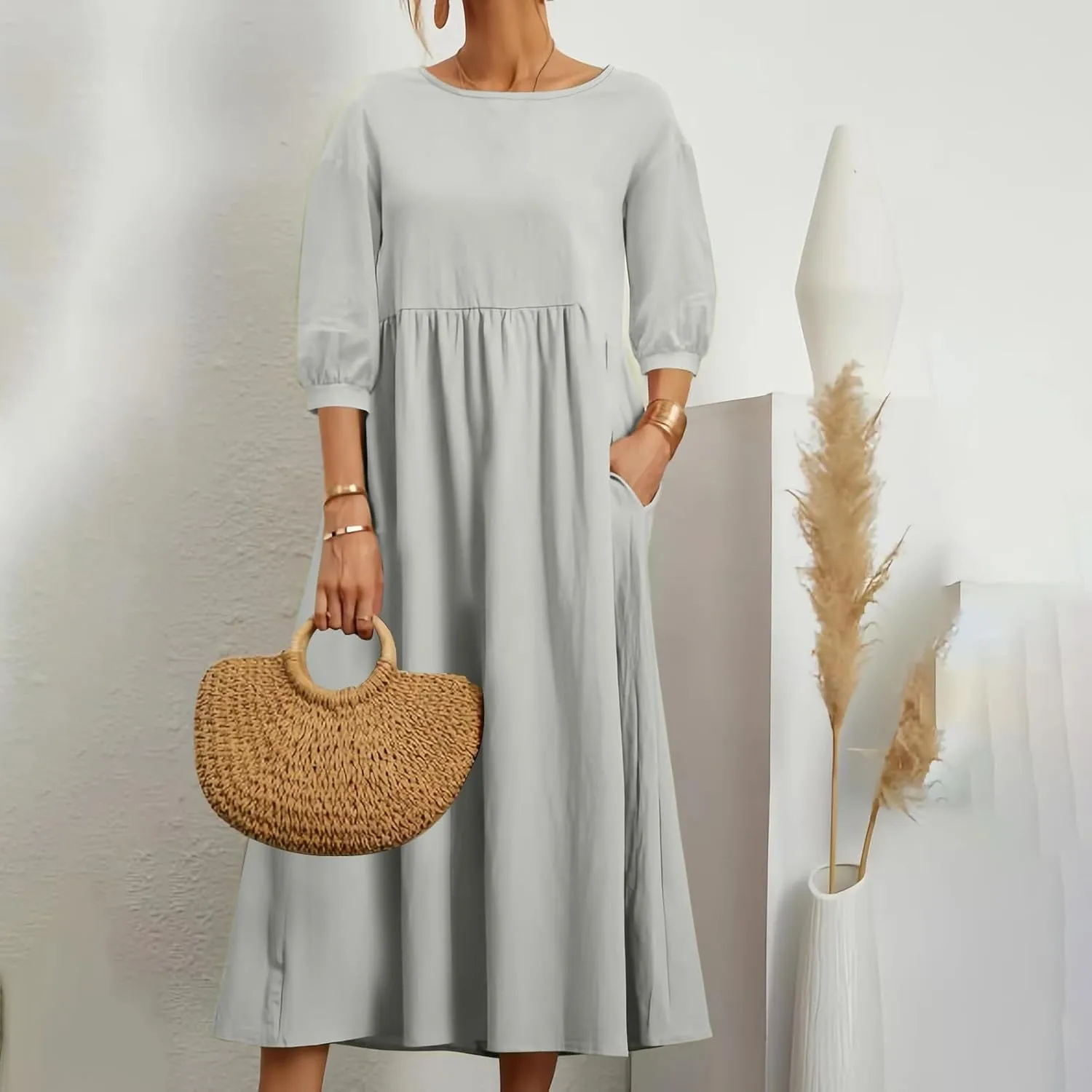 Womens Cotton Linen Midi Dress Casual Loose Petite Solid A-line Dresses Flowy Summer Beach Vacation Sundress Pockets