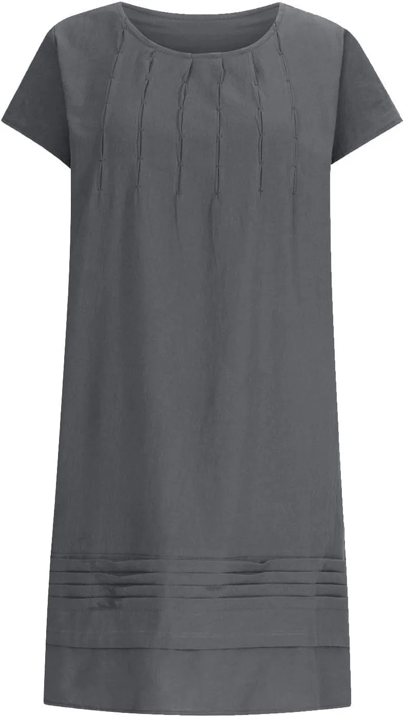 Women's Cotton Linen Midi Dress Plus Size Cap Sleeve Pleated Summer Dresses Vacation 2025 Crew Neck Casual Dress