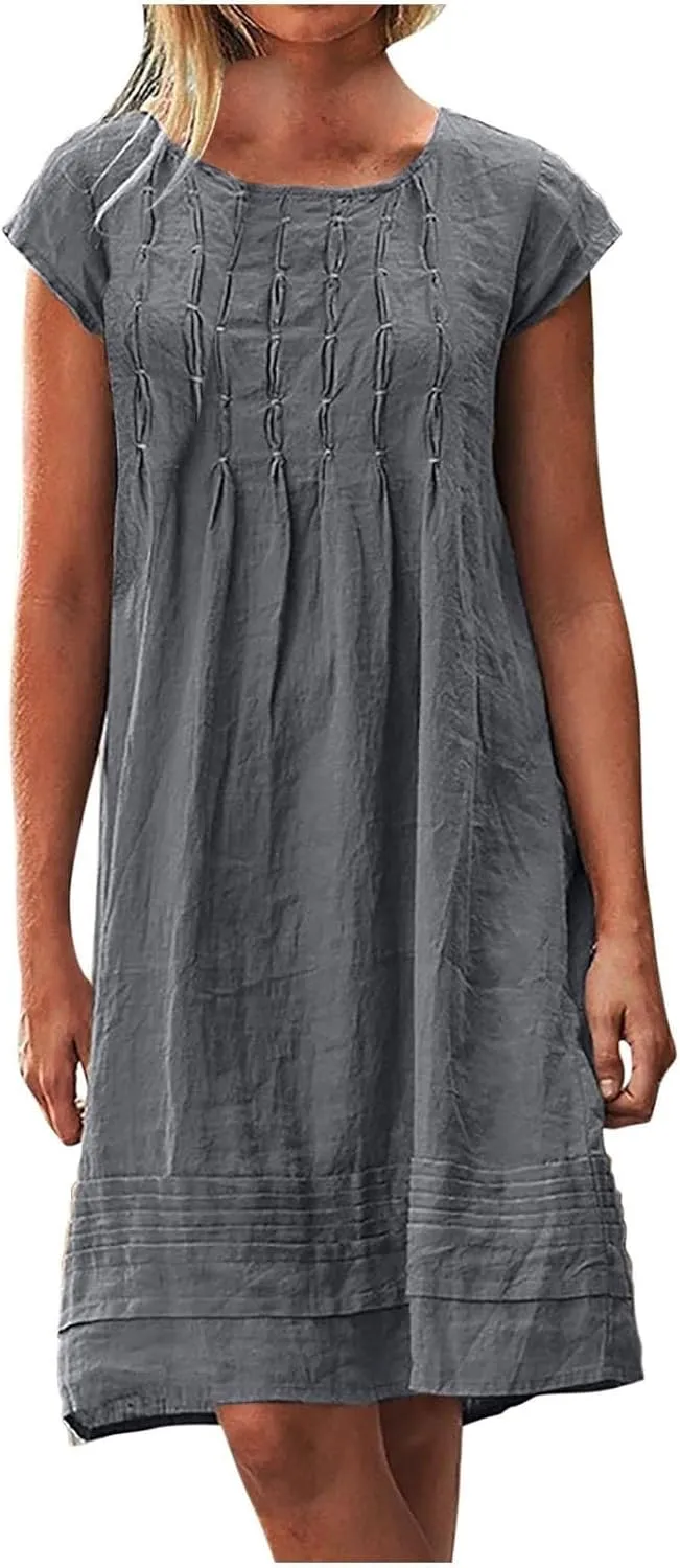 Women's Cotton Linen Midi Dress Plus Size Cap Sleeve Pleated Summer Dresses Vacation 2025 Crew Neck Casual Dress