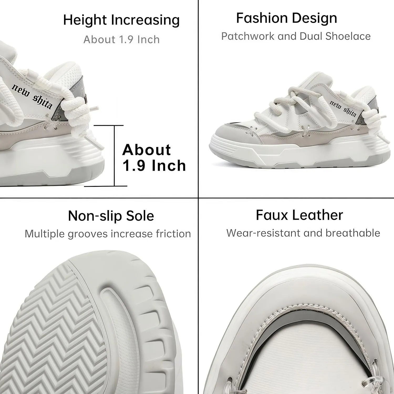 Womens Faux Leather Fashion Platform Chunky Sneakers Lightweight Breathable Height Increasing Unisex Casual Walking Tennis Running Shoes