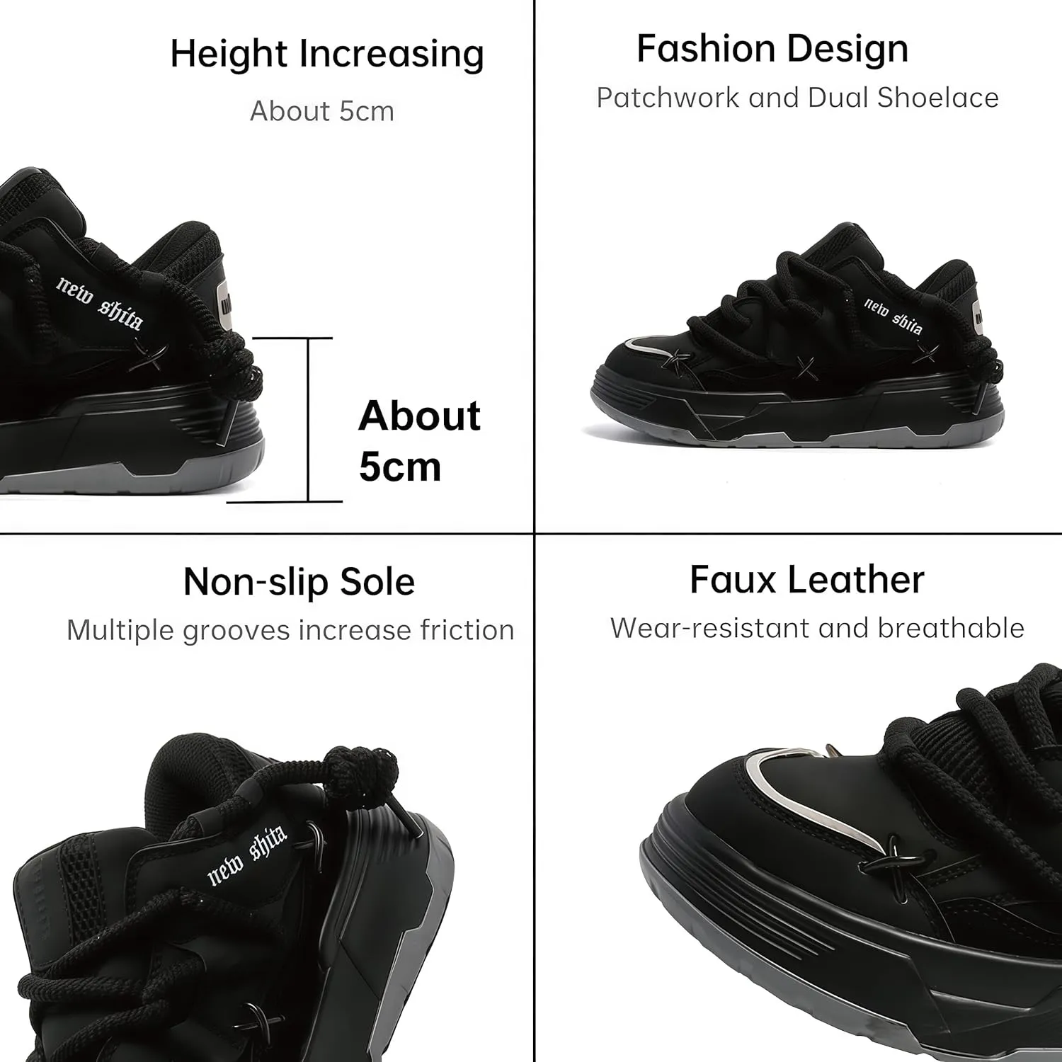 Womens Faux Leather Fashion Platform Chunky Sneakers Lightweight Breathable Height Increasing Unisex Casual Walking Tennis Running Shoes