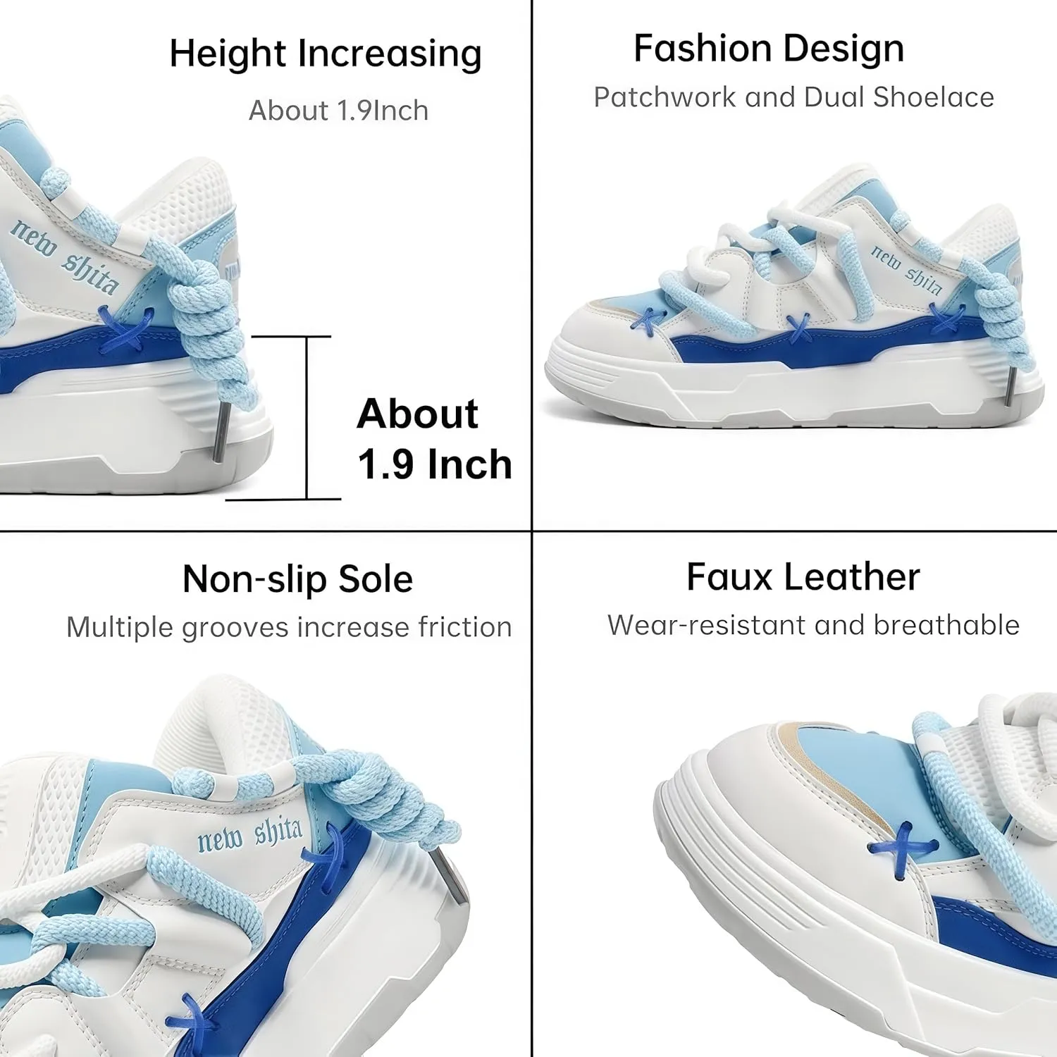 Womens Faux Leather Fashion Platform Chunky Sneakers Lightweight Breathable Height Increasing Unisex Casual Walking Tennis Running Shoes
