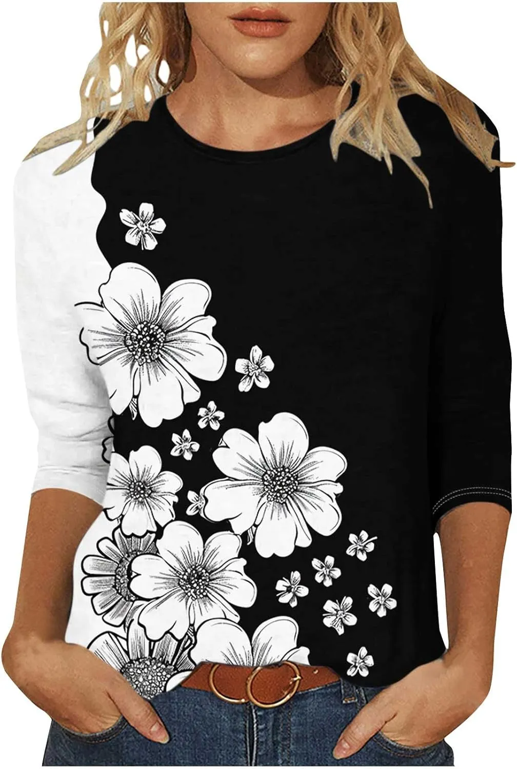 Women's Floral Tops Casual Loose 3/4 Sleeve Tshirts 2024 Summer Round Neck Dressy Blouse for Business Work Streetwear