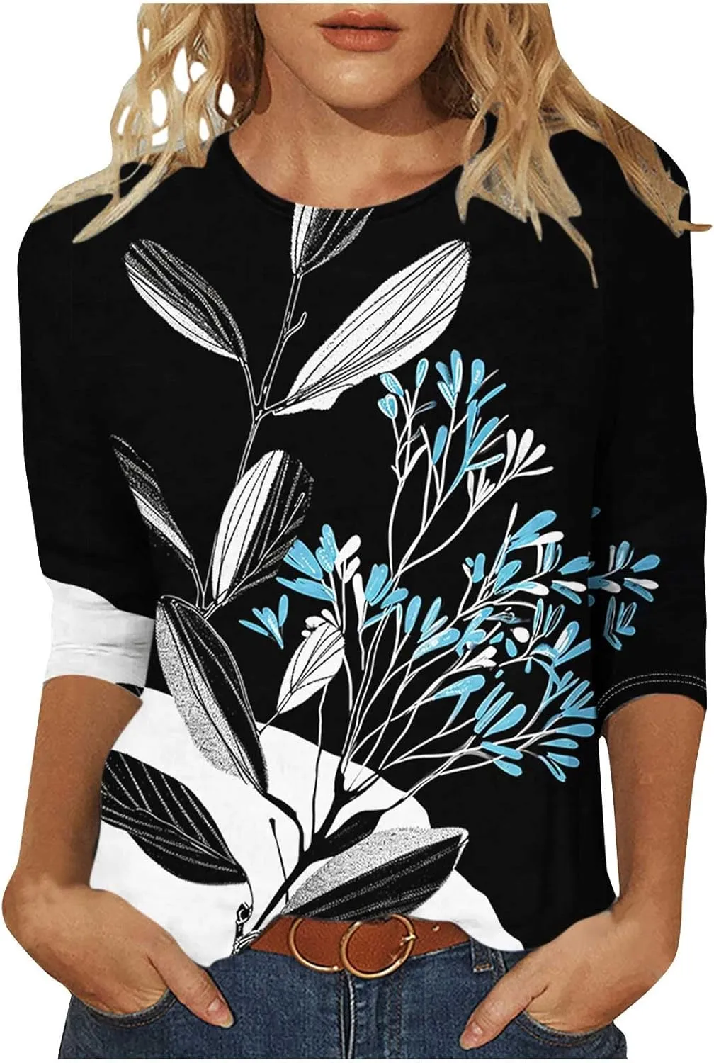 Women's Floral Tops Casual Loose 3/4 Sleeve Tshirts 2024 Summer Round Neck Dressy Blouse for Business Work Streetwear
