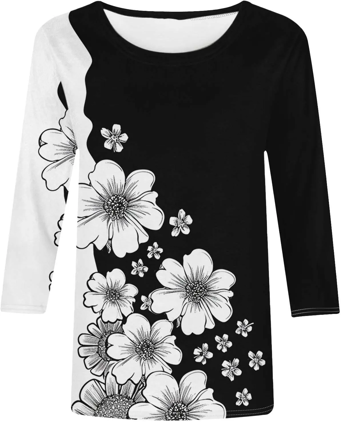 Women's Floral Tops Casual Loose 3/4 Sleeve Tshirts 2024 Summer Round Neck Dressy Blouse for Business Work Streetwear