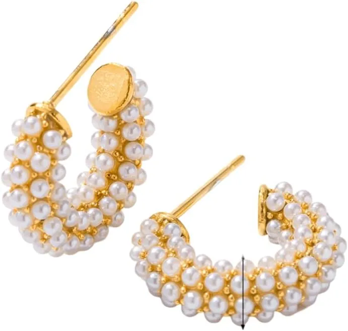 Women's Gold Plated Stainless Steel C-Shape Huggie Hoop Earrings with Imitation Pearls