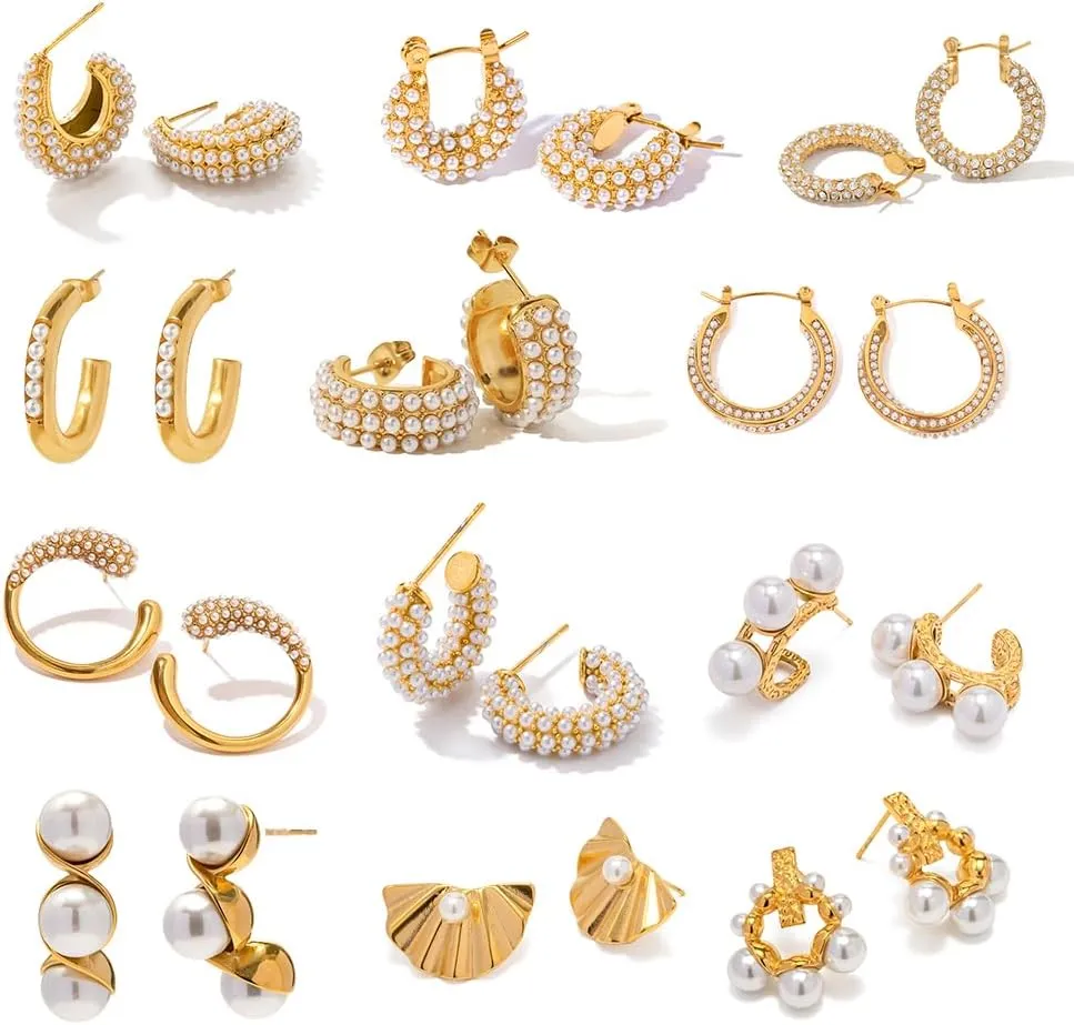 Women's Gold Plated Stainless Steel C-Shape Huggie Hoop Earrings with Imitation Pearls