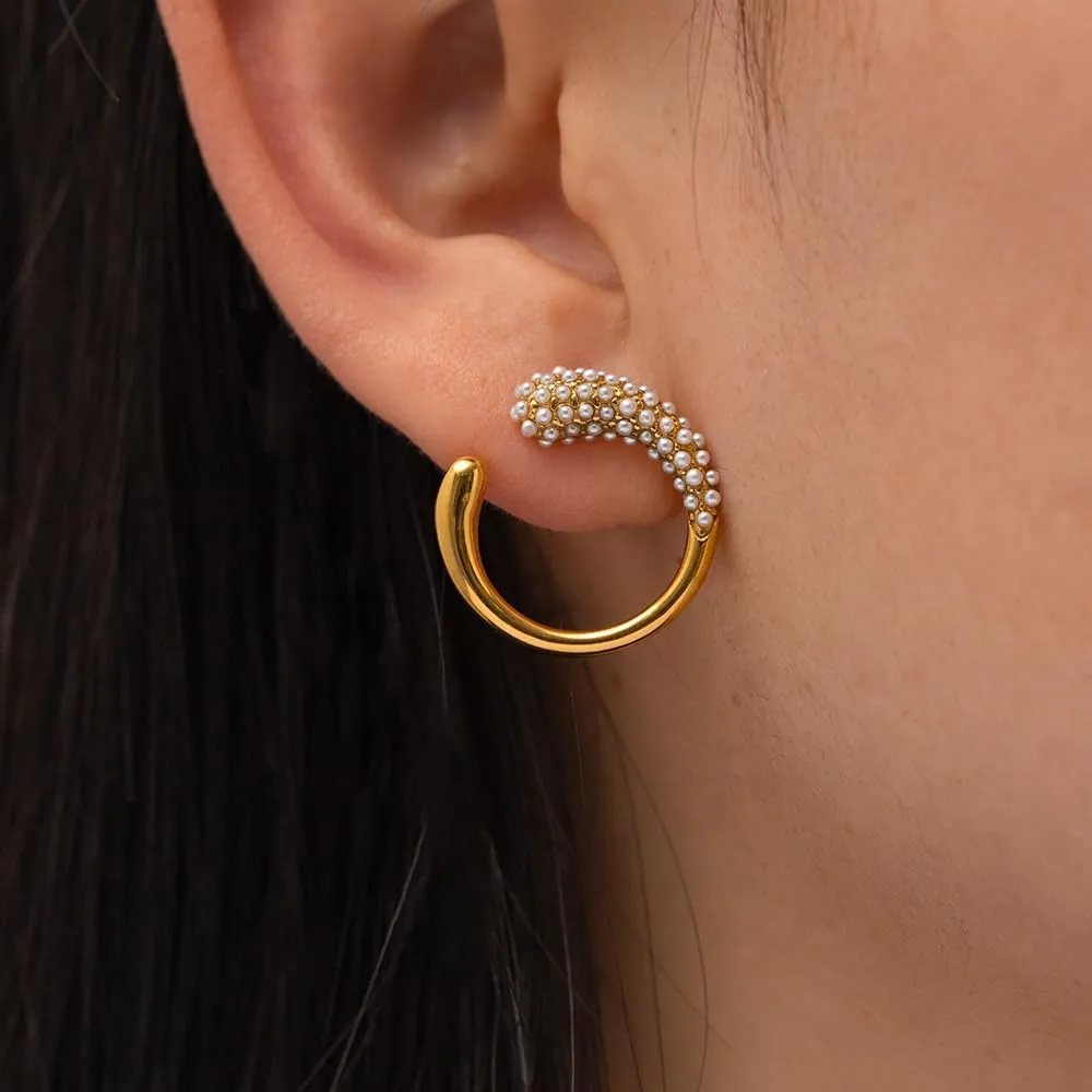 Women's Gold Plated Stainless Steel C-Shape Huggie Hoop Earrings with Imitation Pearls