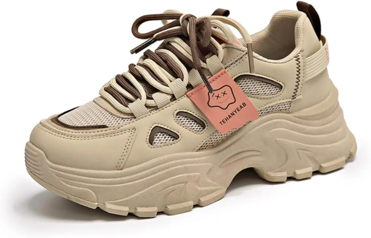 Womens Leather Lace Up Chunky Sneakers Fashion Platform Non-Slip Cute Shoes Casual Dad Walking Driving Travel Shoes