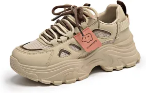 Womens Leather Lace Up Chunky Sneakers Fashion Platform Non-Slip Cute Shoes Casual Dad Walking Driving Travel Shoes