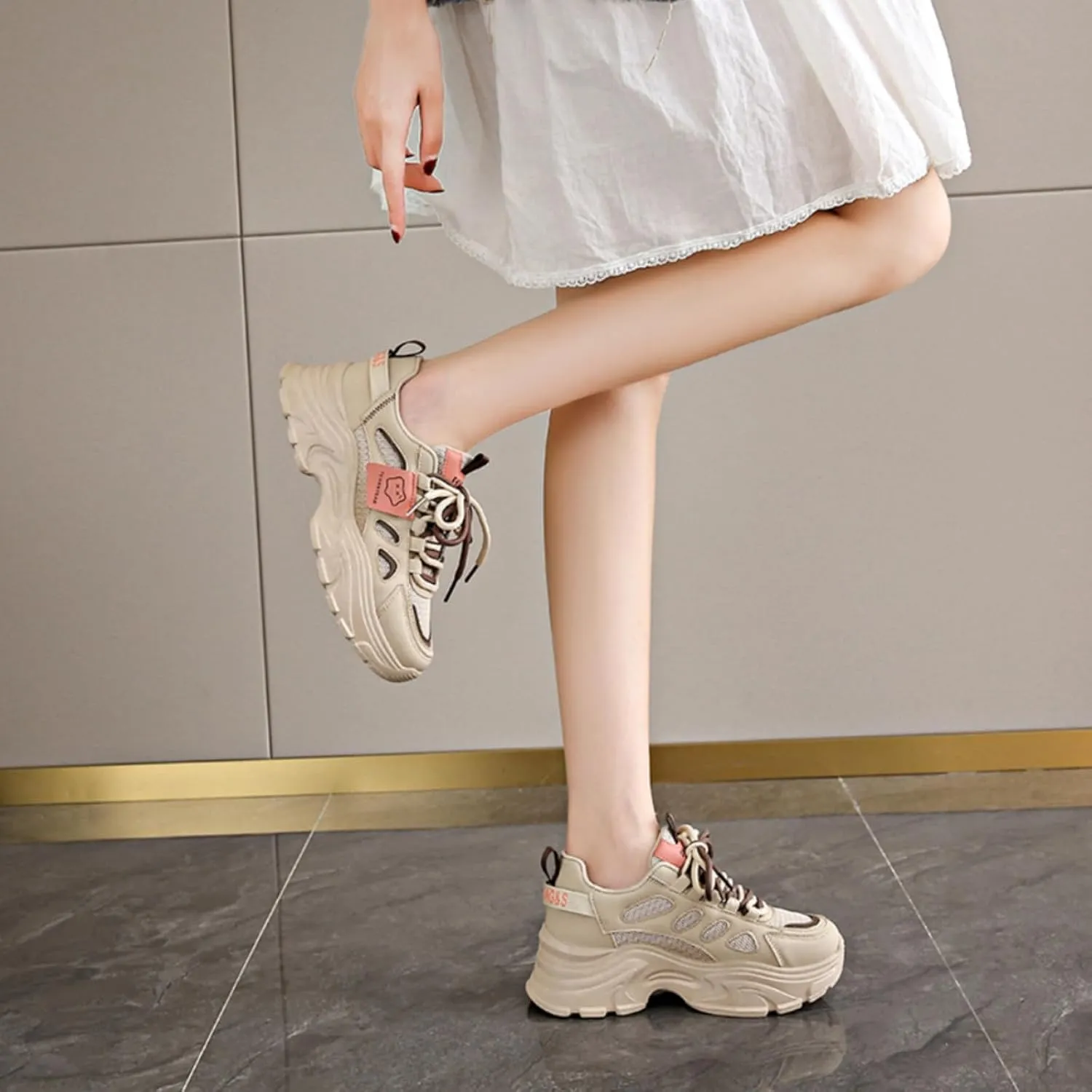 Womens Leather Lace Up Chunky Sneakers Fashion Platform Non-Slip Cute Shoes Casual Dad Walking Driving Travel Shoes