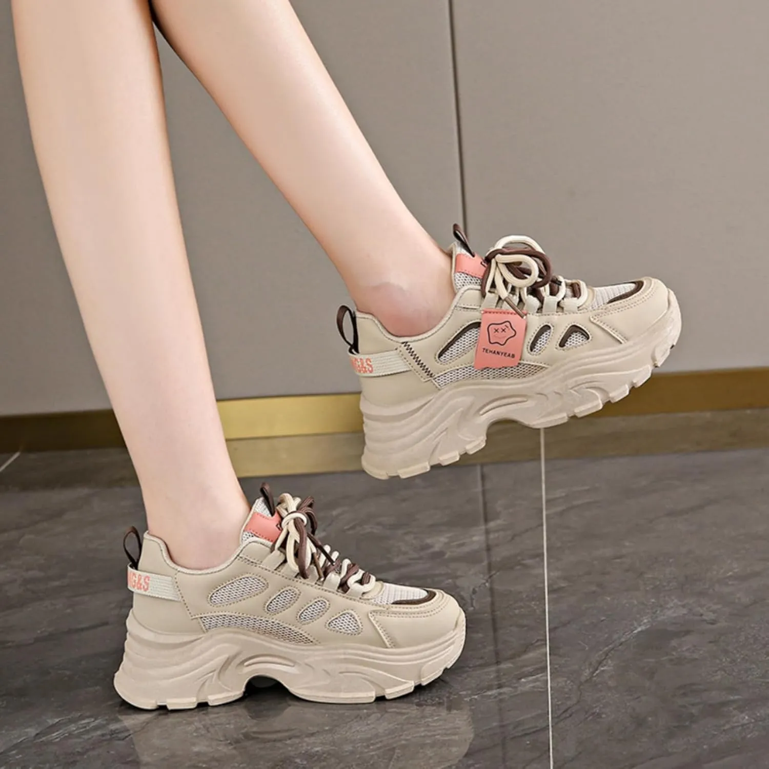 Womens Leather Lace Up Chunky Sneakers Fashion Platform Non-Slip Cute Shoes Casual Dad Walking Driving Travel Shoes