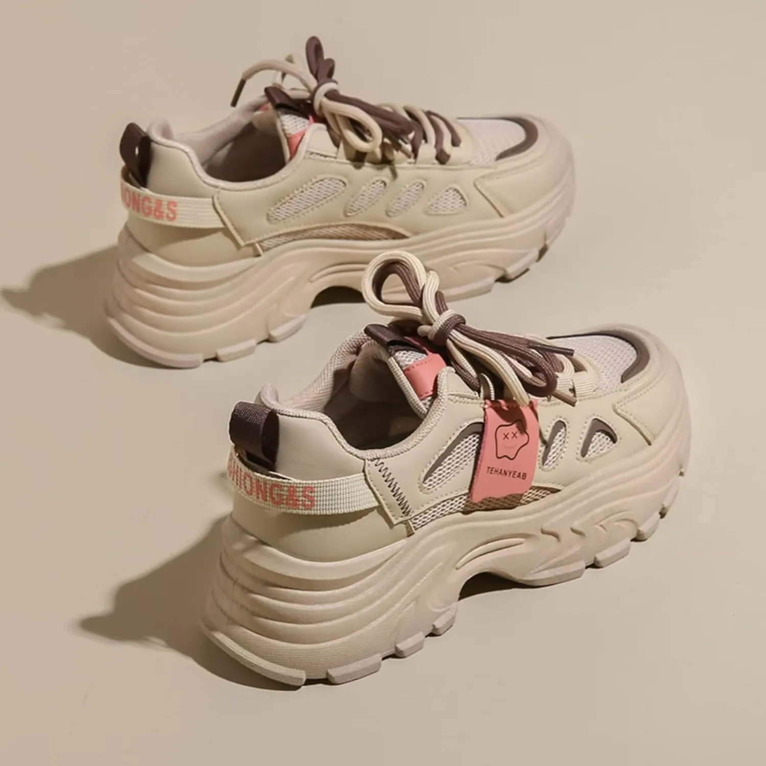 Womens Leather Lace Up Chunky Sneakers Fashion Platform Non-Slip Cute Shoes Casual Dad Walking Driving Travel Shoes