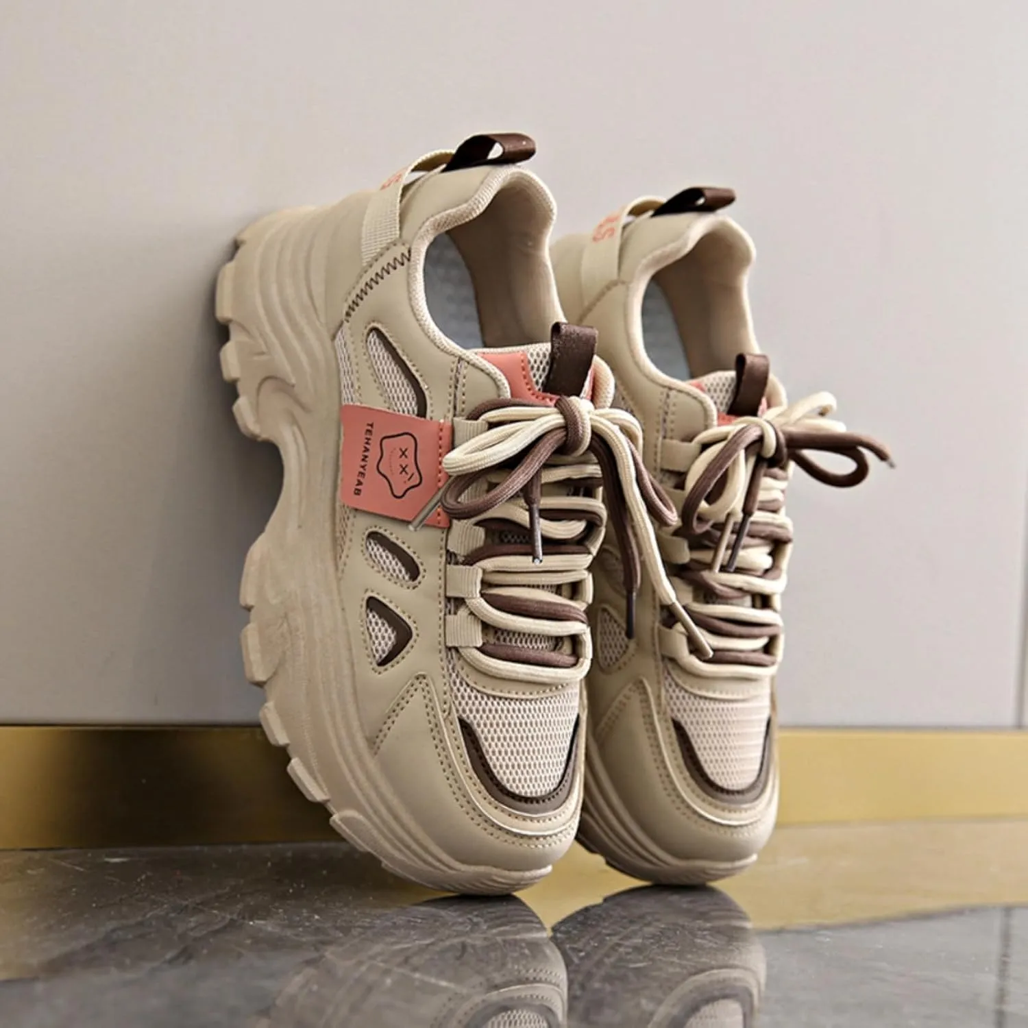 Womens Leather Lace Up Chunky Sneakers Fashion Platform Non-Slip Cute Shoes Casual Dad Walking Driving Travel Shoes