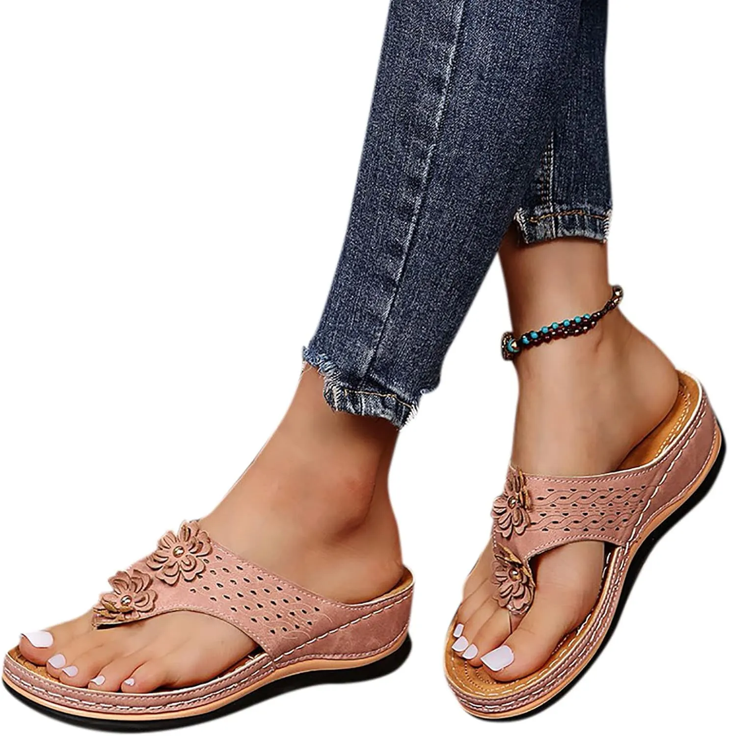 Women's Orthotic Cushion Flip Flops Recovery Walking Sandals for Women Flowers Thong T-Strap Casual Flat Slippers Arch Support Wedge Slide Comfortable Dressy Summer Plantar Fasciitis Outdoor Shoes