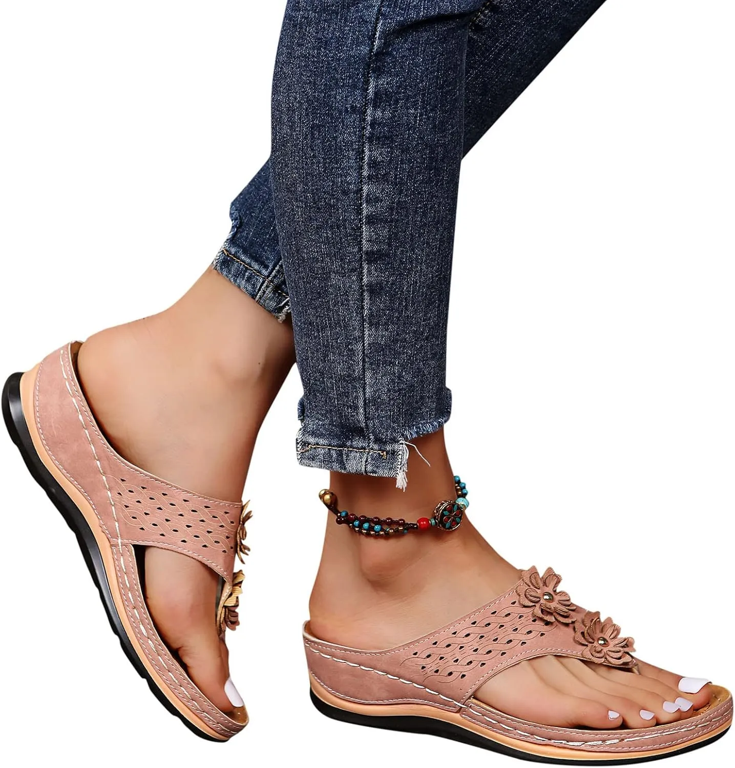 Women's Orthotic Cushion Flip Flops Recovery Walking Sandals for Women Flowers Thong T-Strap Casual Flat Slippers Arch Support Wedge Slide Comfortable Dressy Summer Plantar Fasciitis Outdoor Shoes