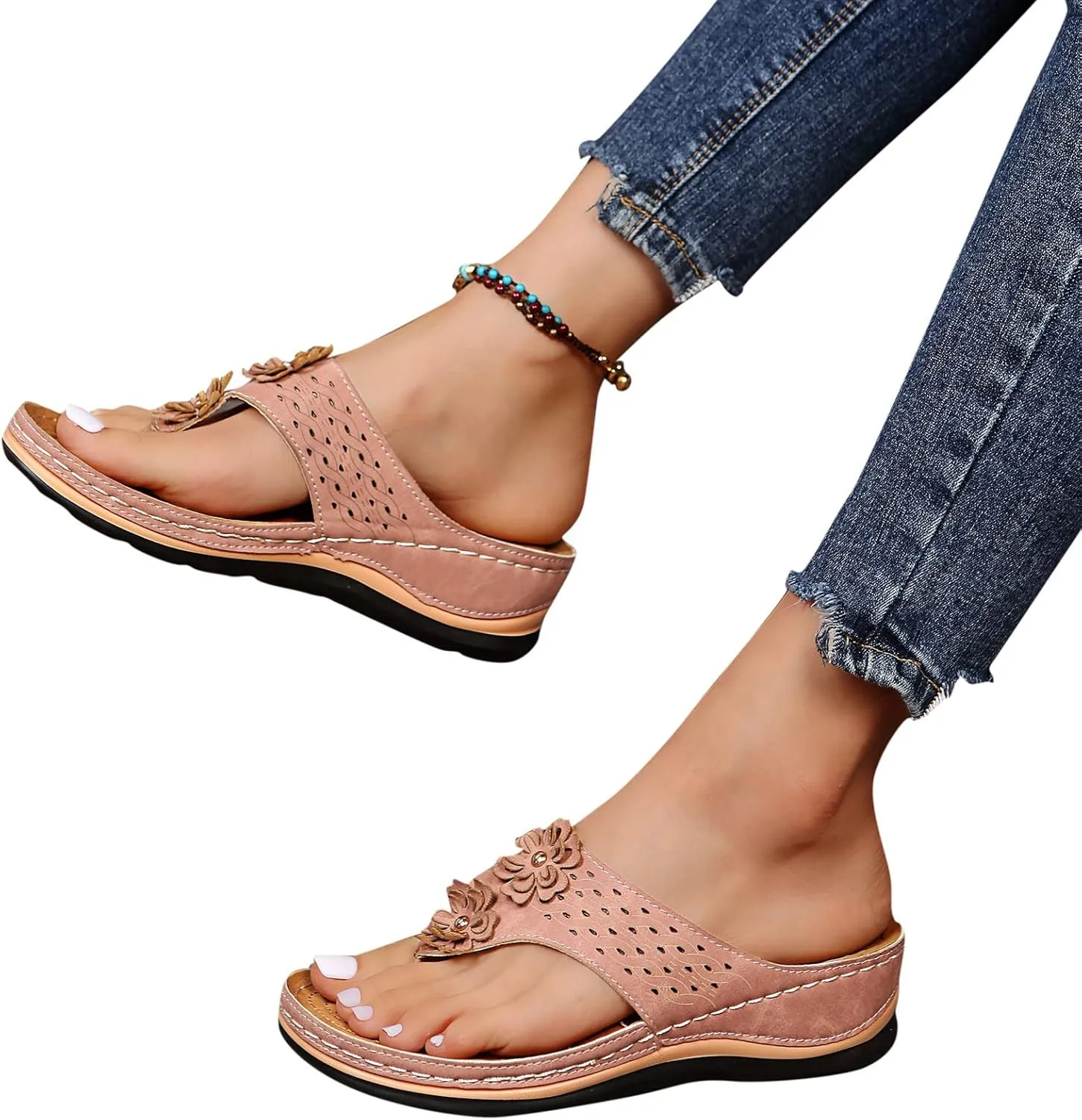 Women's Orthotic Cushion Flip Flops Recovery Walking Sandals for Women Flowers Thong T-Strap Casual Flat Slippers Arch Support Wedge Slide Comfortable Dressy Summer Plantar Fasciitis Outdoor Shoes