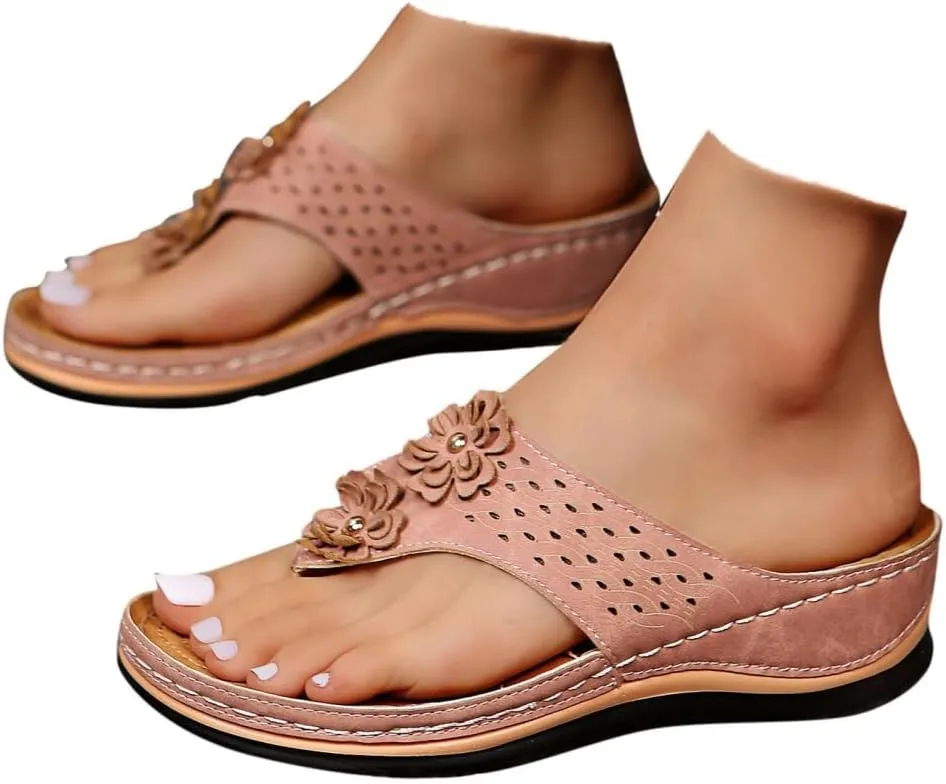 Women's Orthotic Cushion Flip Flops Recovery Walking Sandals for Women Flowers Thong T-Strap Casual Flat Slippers Arch Support Wedge Slide Comfortable Dressy Summer Plantar Fasciitis Outdoor Shoes