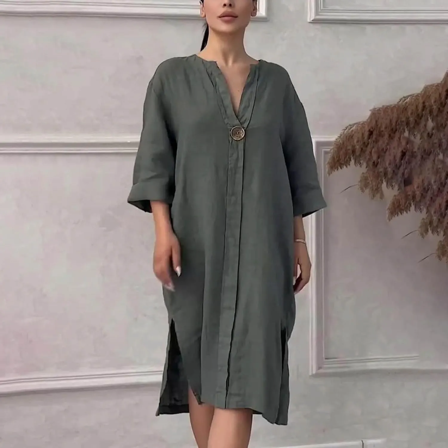 Womens Plus Size Linen Midi Dresses Summer Trendy 3/4 Sleeve Dresses Casual Loose Side Split V Neck T Shirt Dress